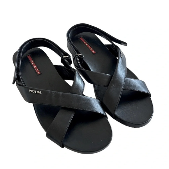 100% Authentic Prada Genuine Leather Slingback Sandals Black Adjustable 37 7 - Picture 2 of 7